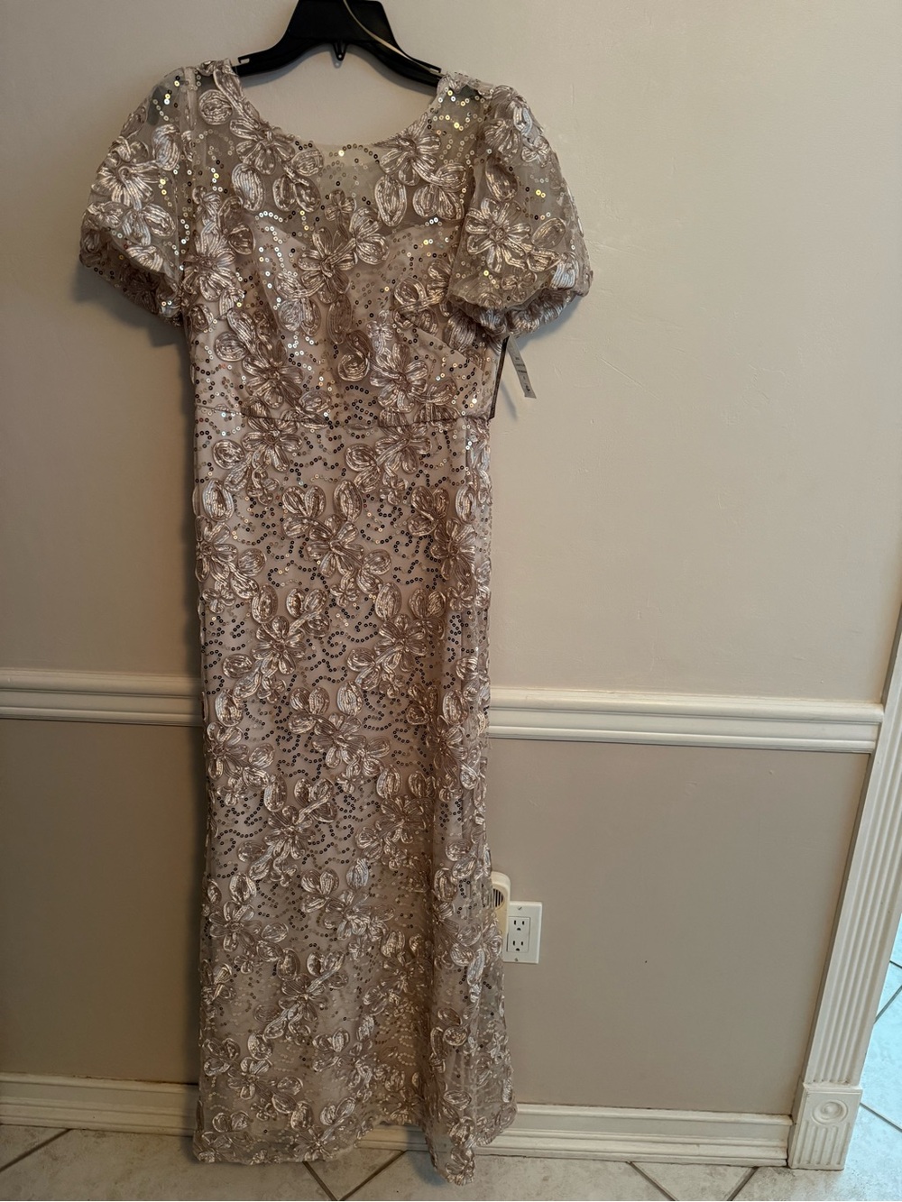 R&M Richards Champagne Sequin & Lace Maxi Dress